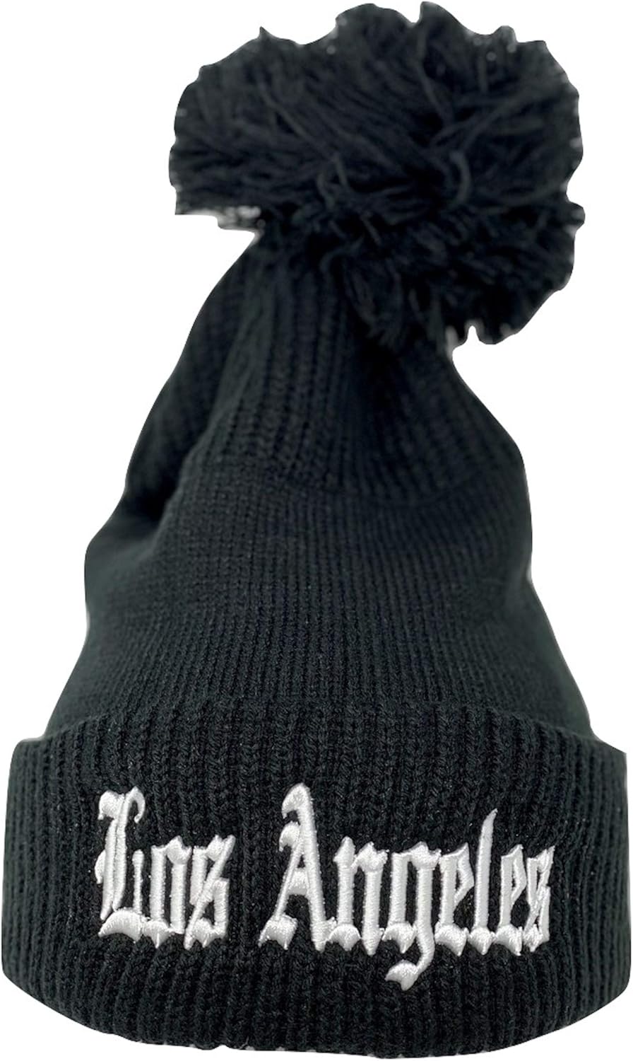 BH Fashion Company Los Angeles LA Old English Winter Hip Hop Cali Pom 3D Embroidered Knit Beanie Black