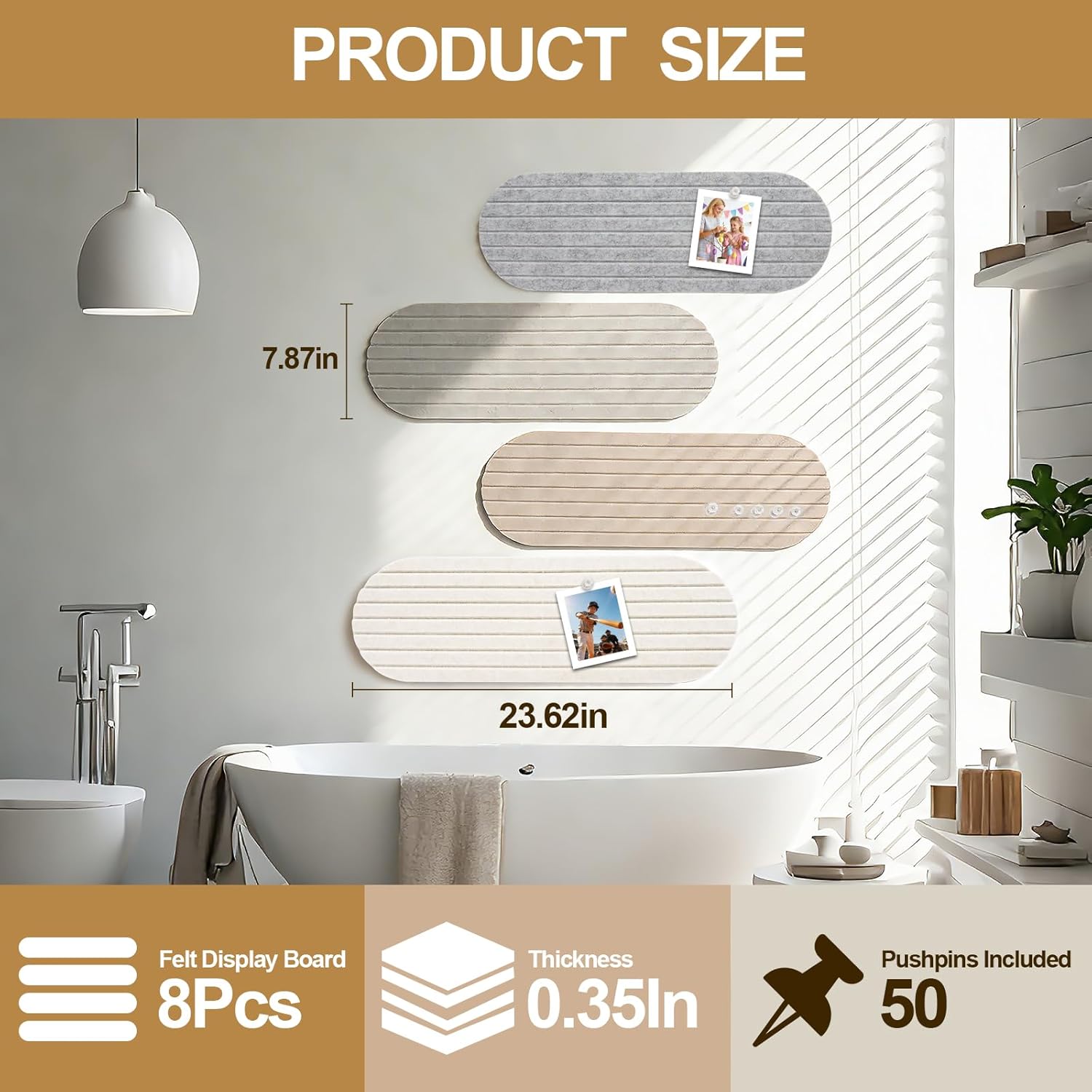 8 Pack Felt Bulletin Board with 50 Pushpins, 24'' X 8'' Cork Board Alternative, Felt Bar Strips Board, Foldable Notice Vision Board Photo Display Board for Office Home School Wall Bedroom Door