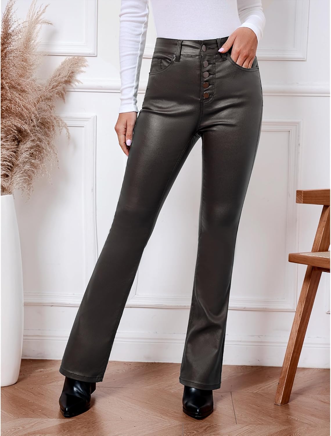 GRAPENT Flare Pants for Women High Wasited Stretchy Faux Leather Look Button Fly Jeans Trendy Bell Bottom Trousers - Image 3
