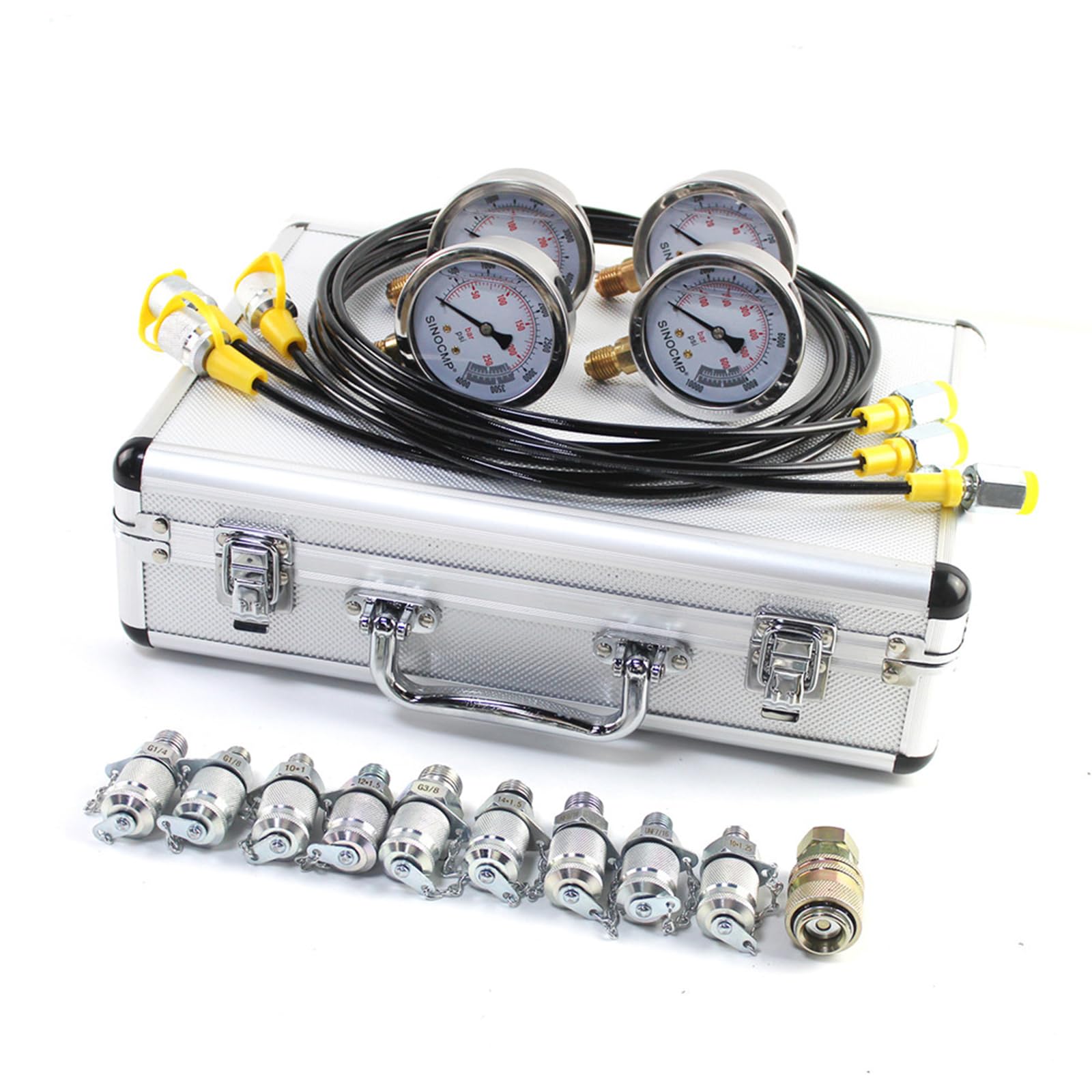 Kit manometro per prova di pressione idraulica con 4 manometri 10/25/40/60 Mpa, 9 raccordi e 3 tubi flessibili di prova lunghi 150 cm, strumento diagnostico del manometro per escavatori, con custodi
