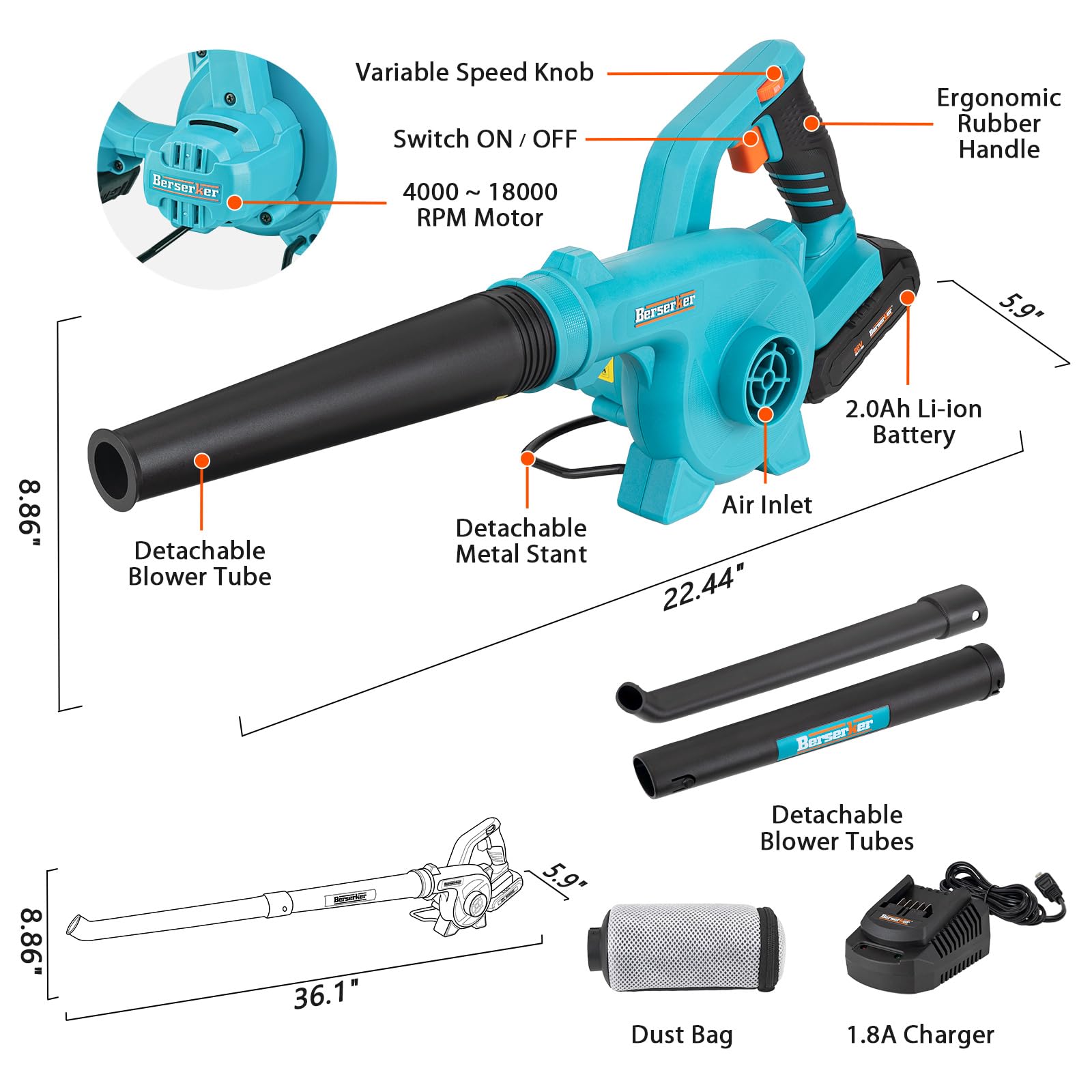 Berserker Soffiatore per foglie da 20 V, senza fili, 2,0 Ah, a batteria e caricabatterie incluso, 2 in 1, compatto, elettrico, portatile, leggero, a velocità variabile, per la cura del prato, la neve