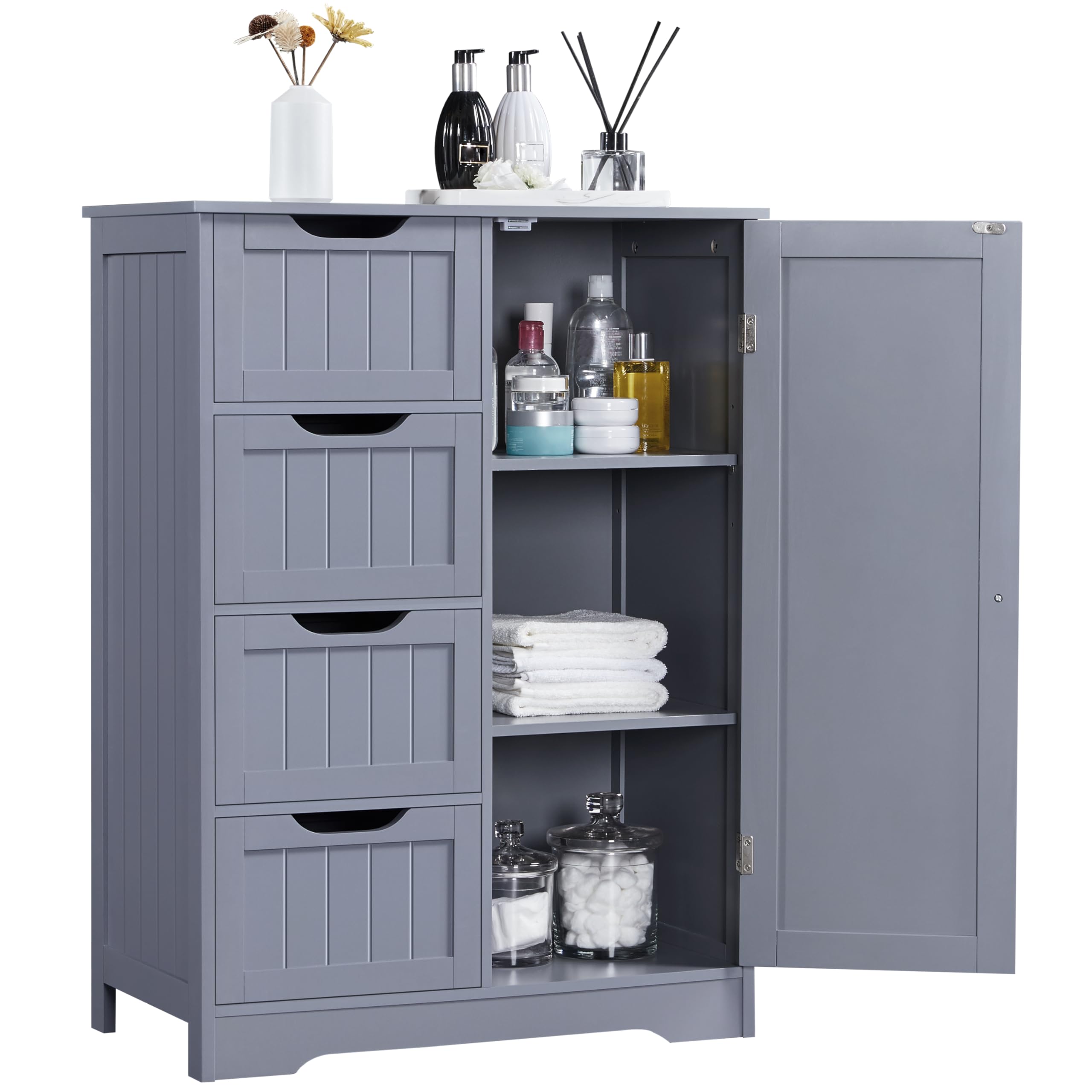 Yaheetech Large Bathroom Floor Cabinet with 4 Dawers and Single Door Cabinet, Freestanding Storage Cabinet for Living Room Kitchen Hallway, Gray