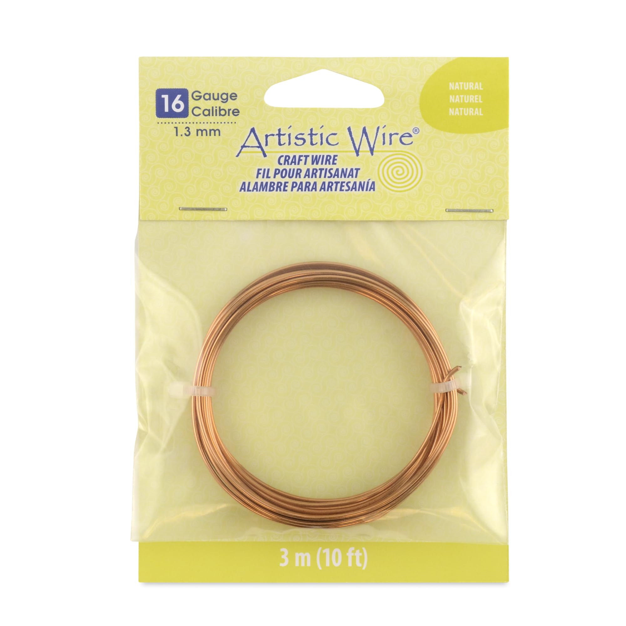 Artistic Wire 16 Gauge / 1.3 mm Tarnish Resistant Colored Copper Craft Wire, 10 ft / 3.1 m, Natural