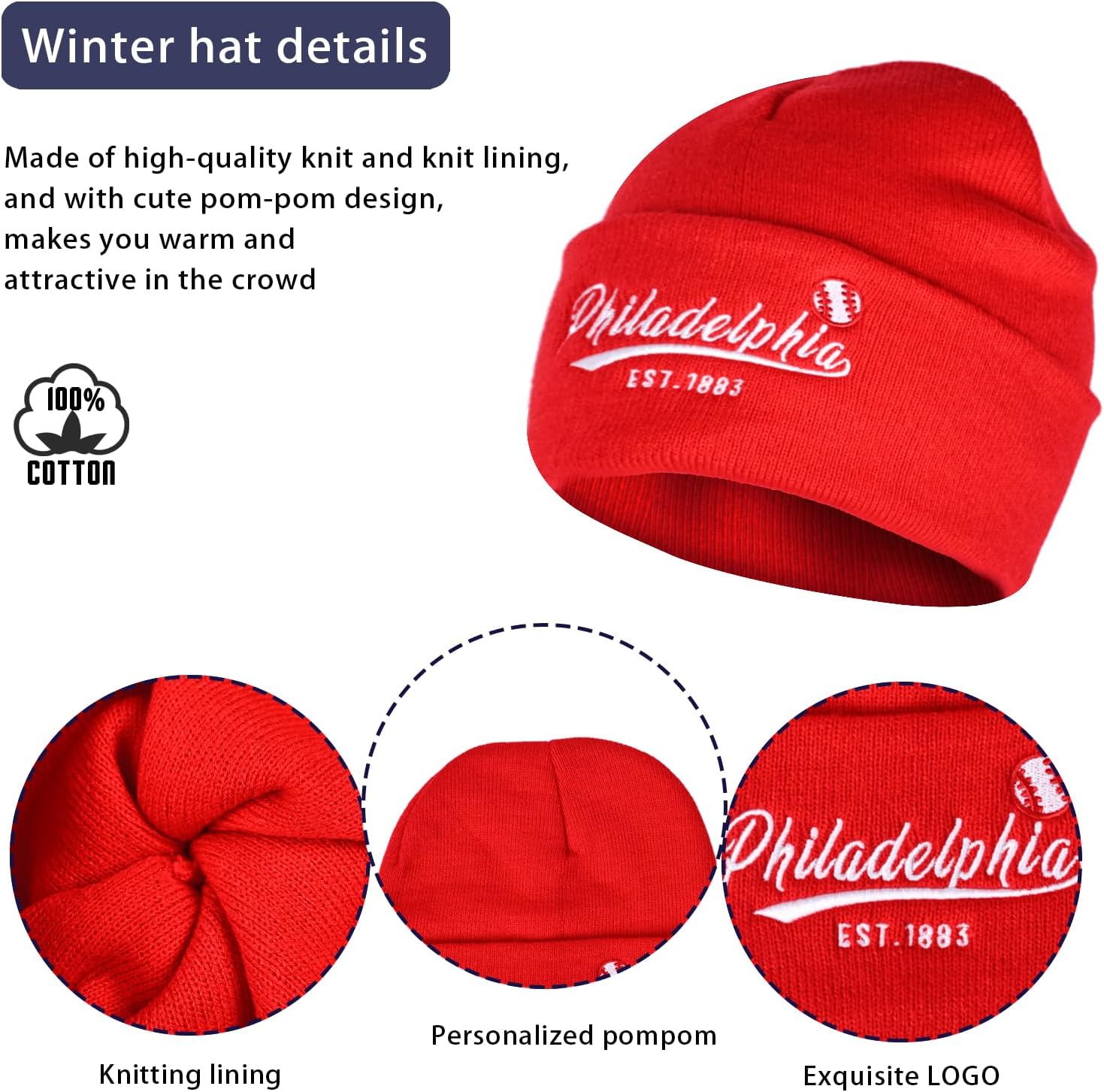 Vintage Classic Skull Cap Embroidery Beanie Hat Cuffed Winter Hat Knit Comes with Warm Gloves Gifts for Unisex Fans - Image 2