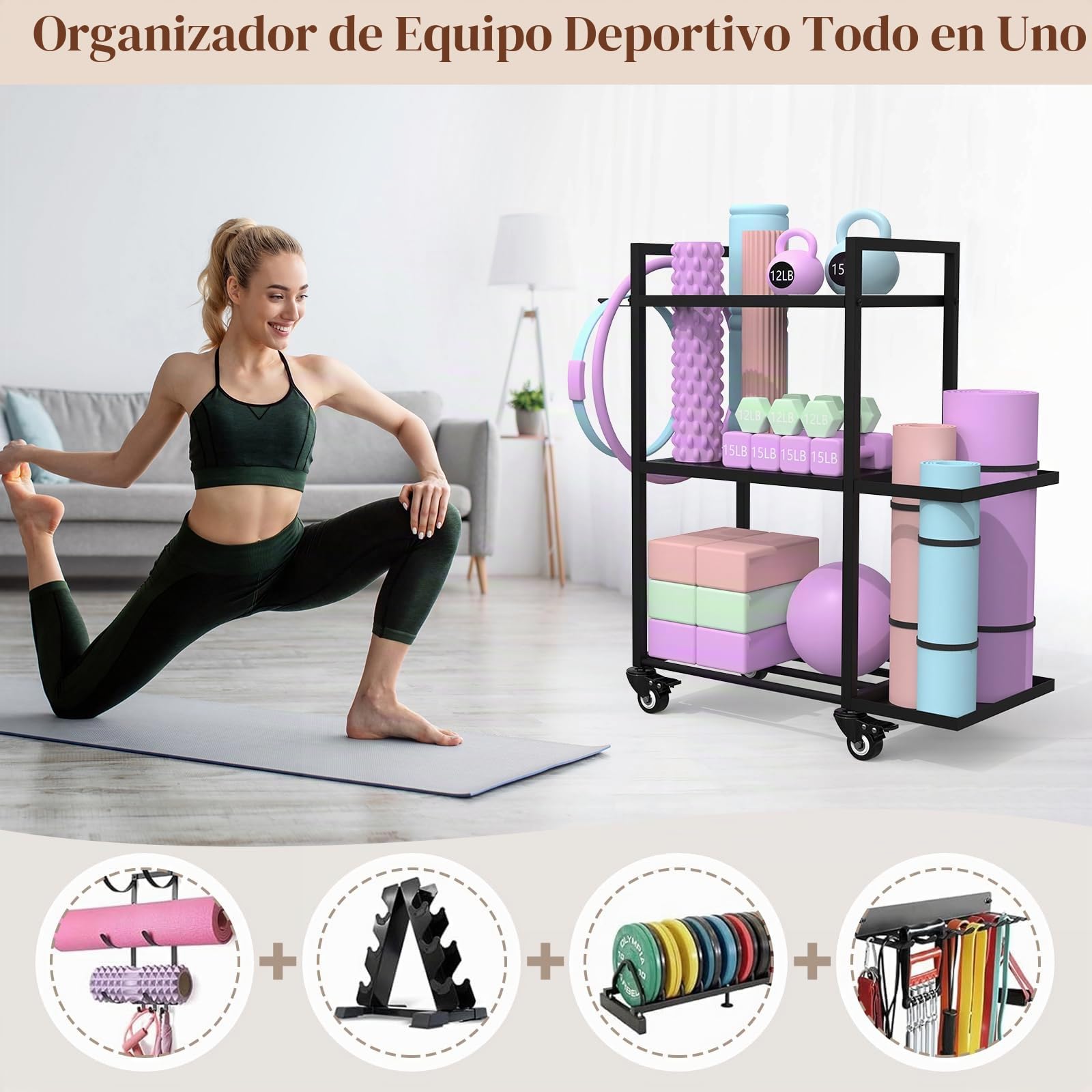 Estantería de tres niveles para pesas, estante multifuncional para mancuernas, almacenamiento para gimnasio en casa para mancuernas, kettlebells, bloque de yoga – Organizador de esteras de yoga con
