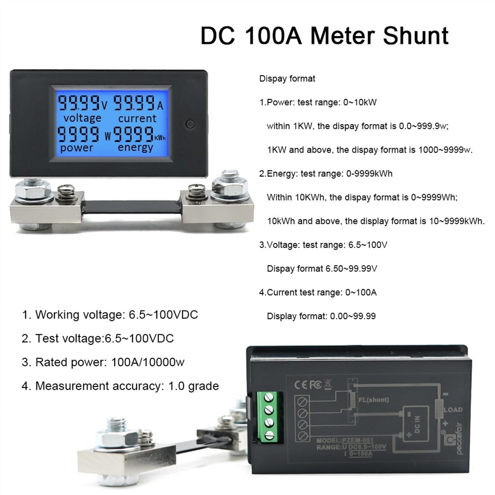 20 A 100 A AC 80-260 V DC 6,5-100 V cyfrowy wyświetlacz LED woltomierz amperomierz watomierz Power Energy Meter 12 V 24 V 110 V 220 V wolt tester (kolor: DC 100 A metr bocznik)