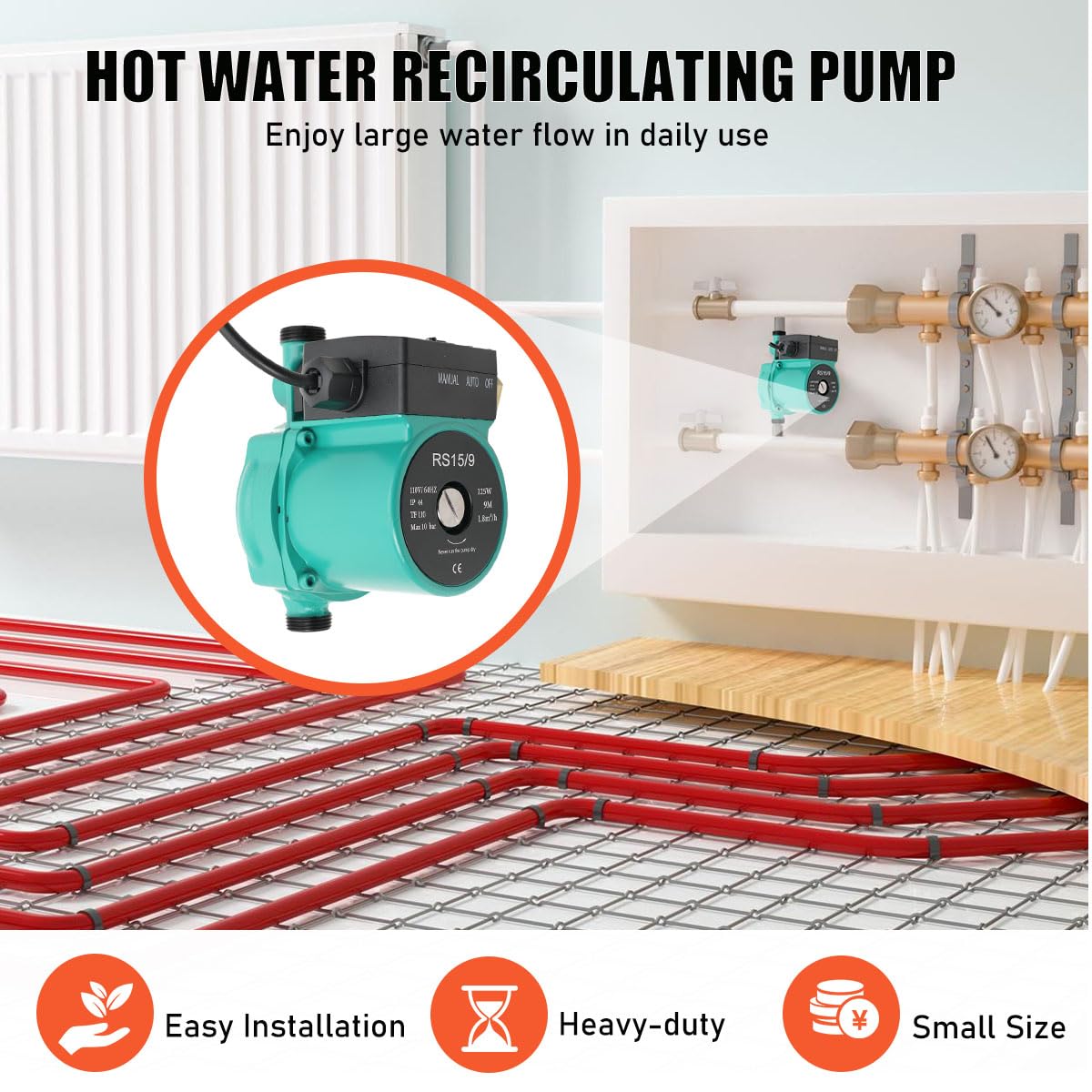 Pompa di Circolazione Dell'acqua Calda, RS15/9 Circolatore di Riscaldamento 125W NPT 3/4 '' Pompa Dell'acqua di Trasferimento Domestica per Caldaia Riscaldamento Centrale