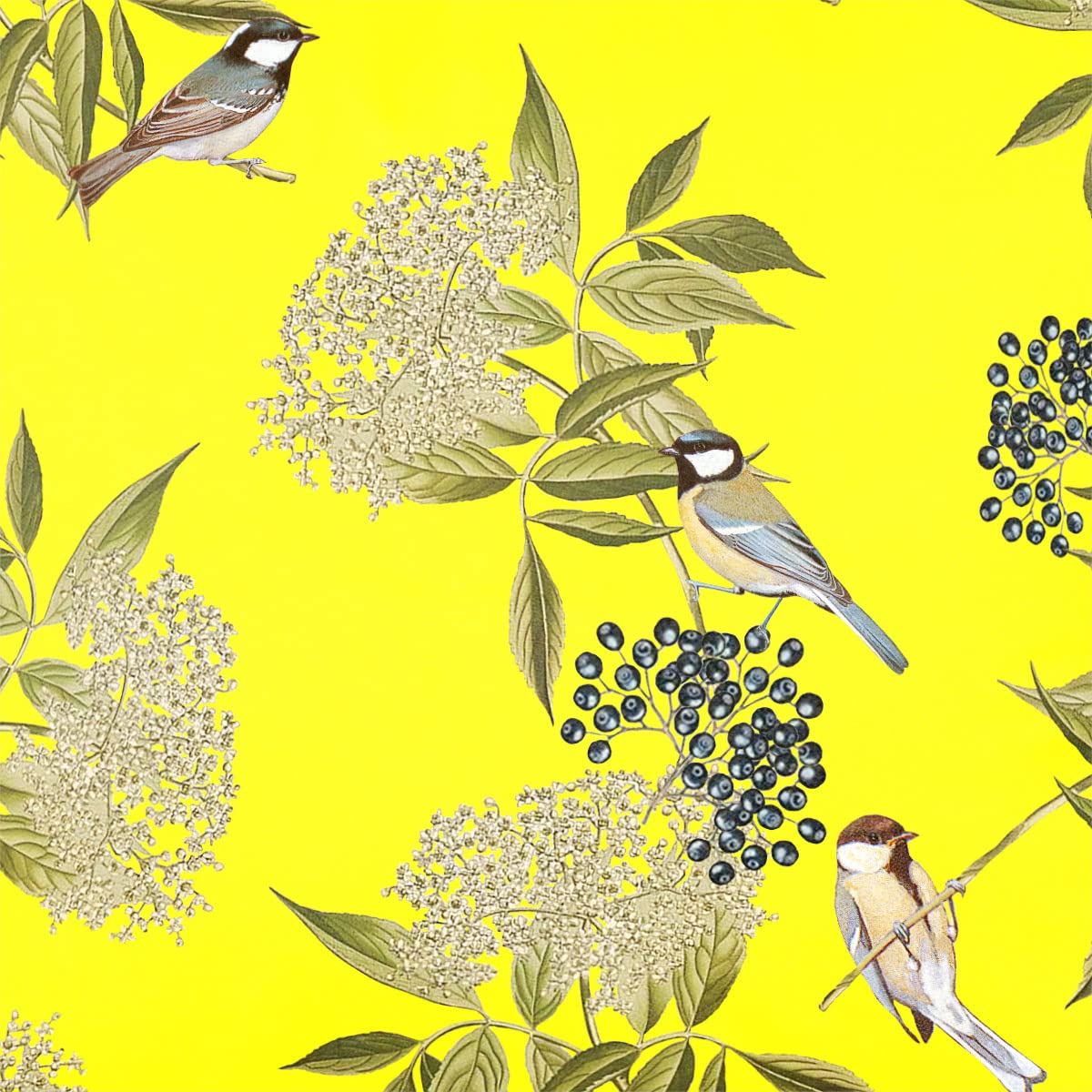 Izabela Peters Saffron Luxury Upholstery Curtain Fabric - Eco-Friendly Velvet - Designer Blind, Craft, Sewing Fabric By The Metre - Bird On Elderflower - Sample