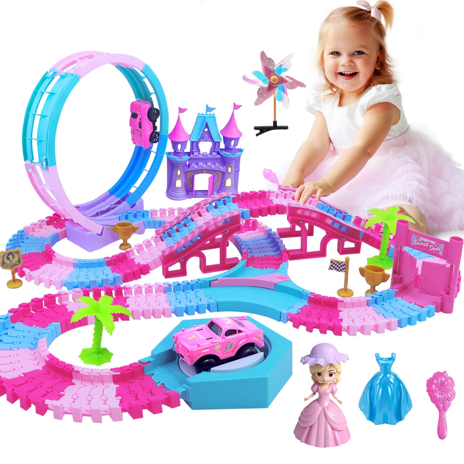 178 PCS Track Toy, Pink Racing Tracks Toys for 3 4 5 6 Year Old Girls, Flexible Tracks Car Magic Bendable Race Track Princess Toys with Light & Music for Toddlers, Kids and Girl Xmas Birthdays Gifts