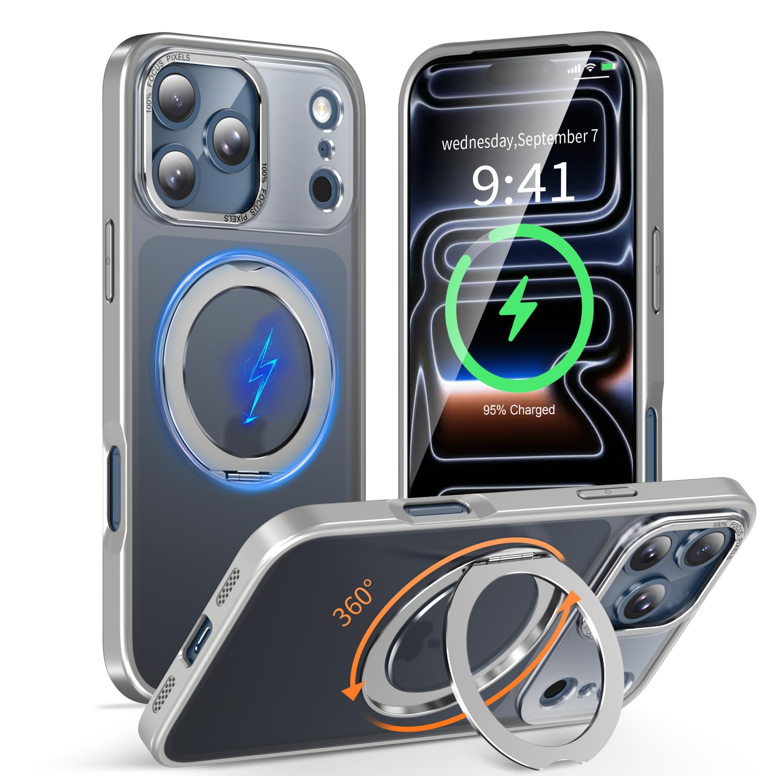 KWATUNG iphone 17 pro 用 ケース magsafe対応 ワイヤレス充電 耐衝撃 いphone17pro 用ケース 360°回転スタンド 縦横両対応 アイフォン17プロ用スマホケース マグネット搭載 アイフォン17pro 用スマホケース 防指紋 米軍MIL規格 iphone17プロ 用カバー 6.3インチ 半透明 マット感 チタングレー