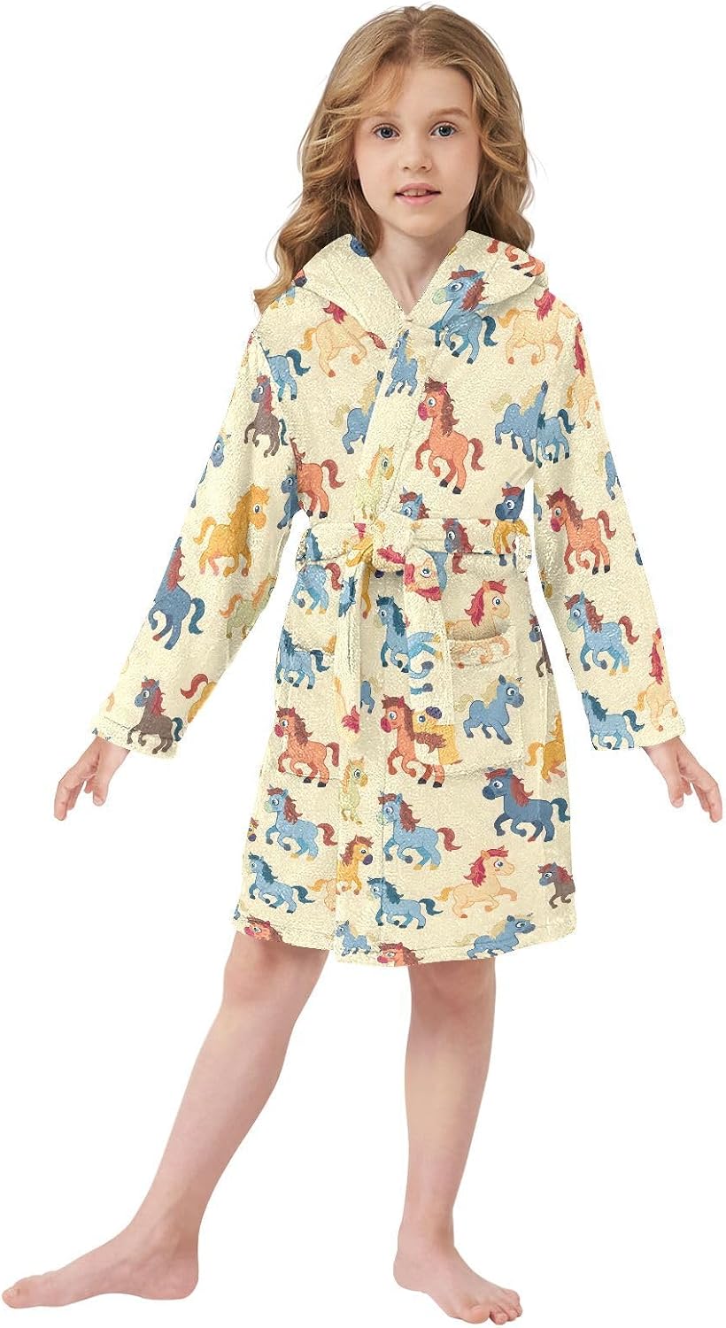 senya Cartoon Horse Colorful Toddler Hooded Bathrobe Kids Soft Plush Bath Towel Robes for Boys Girls 2-12 Years