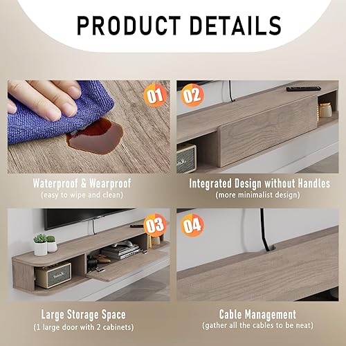 Miniatura 6 de Estante flotante para TV, armario de TV montado en la pared de 48 pulgadas, estantes flotantes con puerta, centro de consola multimedia de Roble