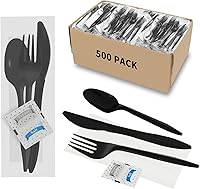 Vista 9 de 50 paquetes de cubiertos de plástico, juego de cuchillo, tenedor, cuchara, servilleta y paquetes de sal y pimienta, cubiertos de plástico negro