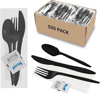 500 Pack Knife Fork Spoon Napkin Salt Pepper Sets, Individually Wrapped Black Plastic Cutlery Packets for Delivery, Cafeterias, Restaurants