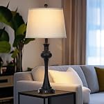 28.75" 3-Way Touch Control lampe de table moderne ensemble de 2 pour Salon, Lampe de chevet avec USB Ports A+C, Lampes de table noir du milieu du siècle, Ensemble de lampes de chevet, Tissu beige Shade Vintage Style Accent