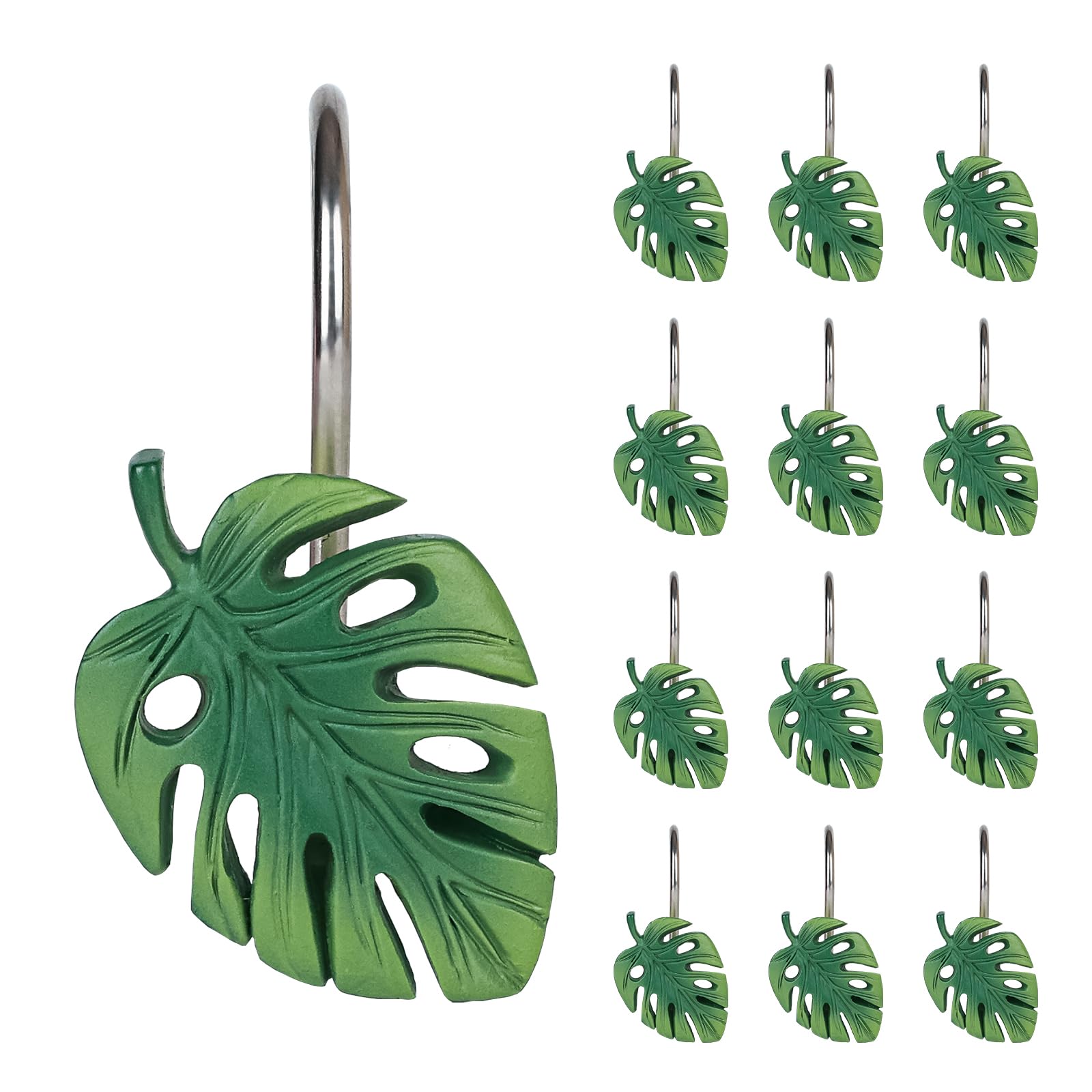 Ganci Decorativi Per Tenda Da Doccia A Forma Di Foglia Tropicale, Anelli Per Tenda Da Doccia, In Resina, Motivo Foglie Di Monstera Deliciosa, Per Bagno, Set Da 12-image