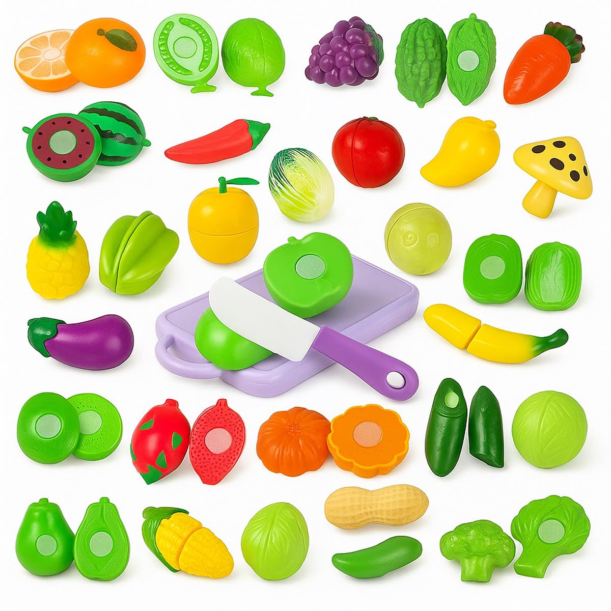 Koolbitz 33 Pcs Play Food Sets for Kitchen, Realistic Fruit Cutting Vegetables Set With Mini Utensils Pretend Kitchen Educational Kids Toys, Hook and Loop Fasteners Children Household Gift Children 3+