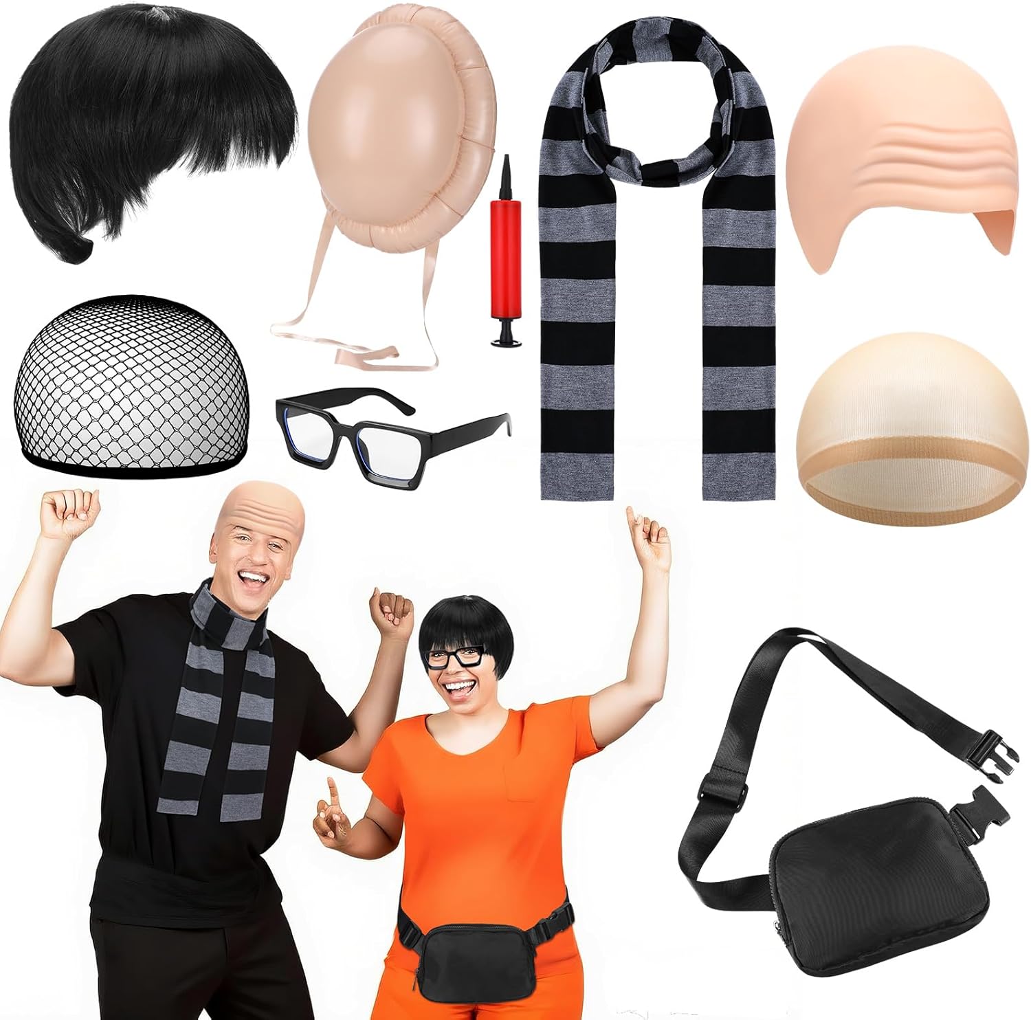 Suncalla 9 Pcs Halloween Criminal Couple Costume Accessories Include Short Mushroom Wig Inflatable Fake Belly Black Fanny Pack Square Glasses Gray Striped Scarf Bald Cap for Halloween Party Cosplay