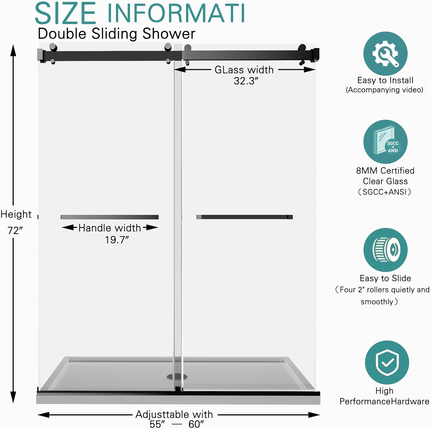 55-60" W x 72" H Frameless Double Sliding Shower Door for Walk-in Shower,5/16" (8mm) SGCC Certified Clear Tempered Safety Glass,Easy-Clean Coating,Quiet Heavy-Duty Roller System,Matte Black