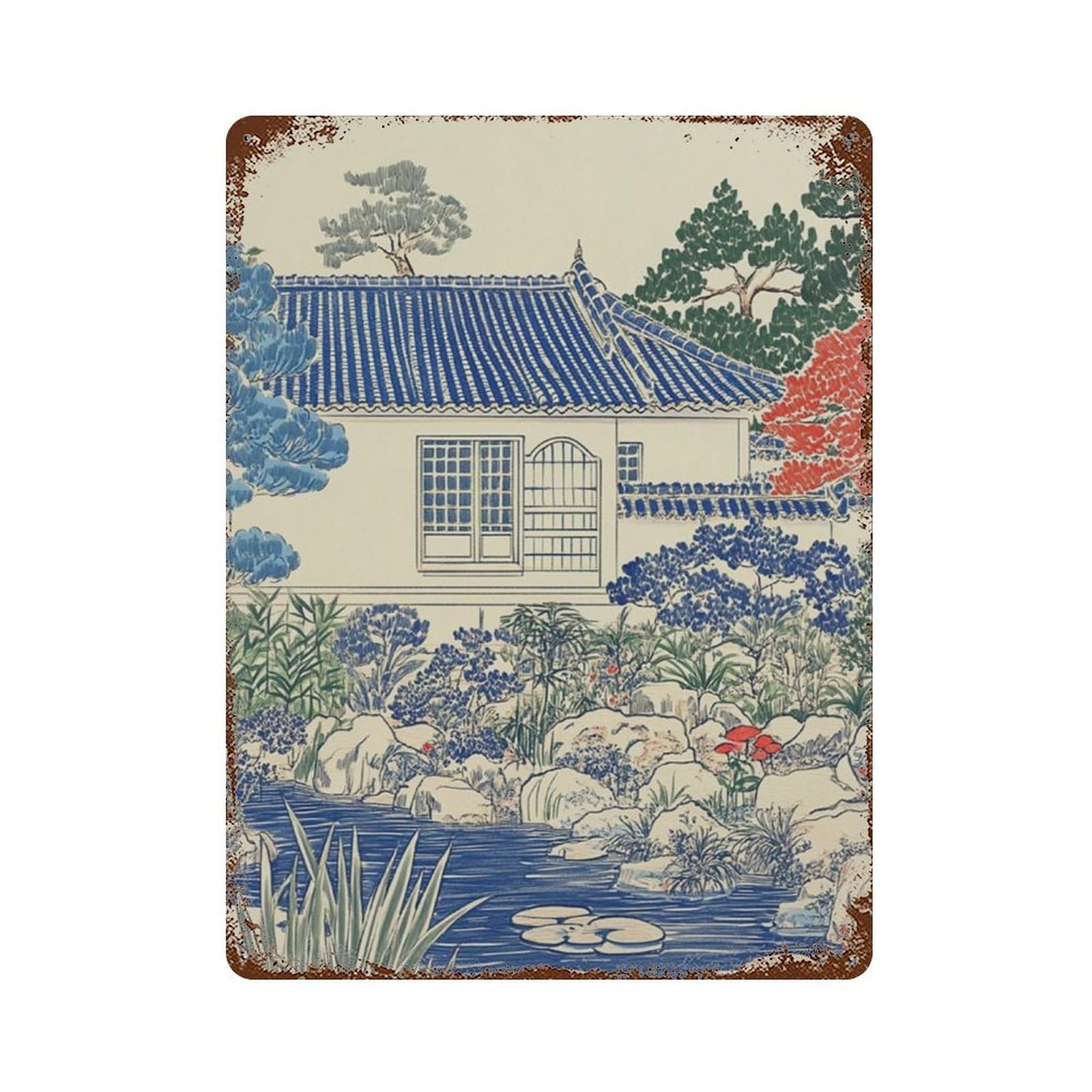 xiaoxiaoshen Japanese Garden House Asian Landscape Blue White Nature Zen Work Minimal Calm Wall Decor Art Metal Tin Poster Modern Home Decor Art Home Bar Shop Decorations Vintage Sign 40x30cm