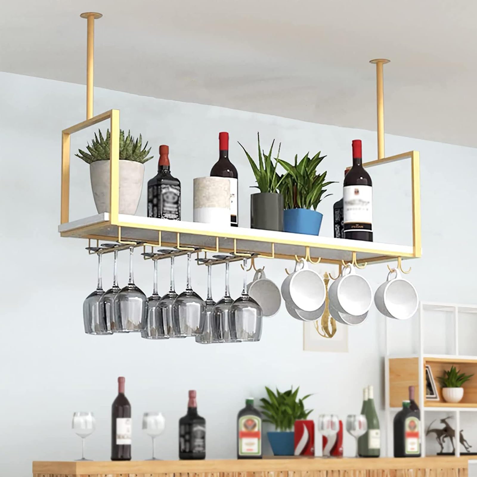 Porte-verres à vin suspendu en fer forgé doré 39cm pour cuisine et bar