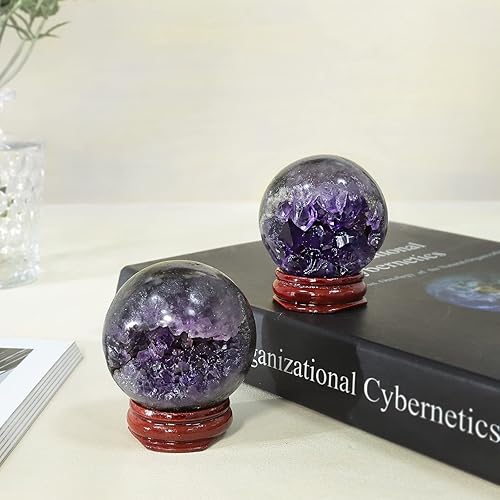 Miniatura 4 de mookaitedecor Bola de cristal de geoda de amatista con soporte de madera, esfera de piedra Feng Shui, cueva de energía para decoración del hogar,