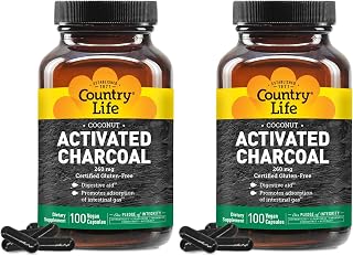 Country Life Coconut Activated Charcoal Capsules, 260mg – Natural Charcoal Supplement for Gas and Bloating Relief - Gluten-Free, 100 Vegan Capsules (Pack of 2)