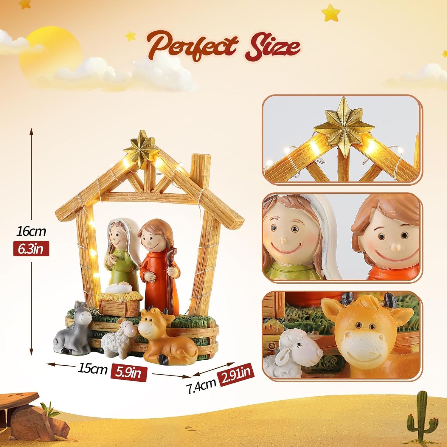 6.3" Nativity Scene with Lights - Hand Painted Nativity Sets Resin Figure, First Christmas Story Decoration Holy Family Manger Little People Nativity Set for Indoor Mantle Shelf Tabletop