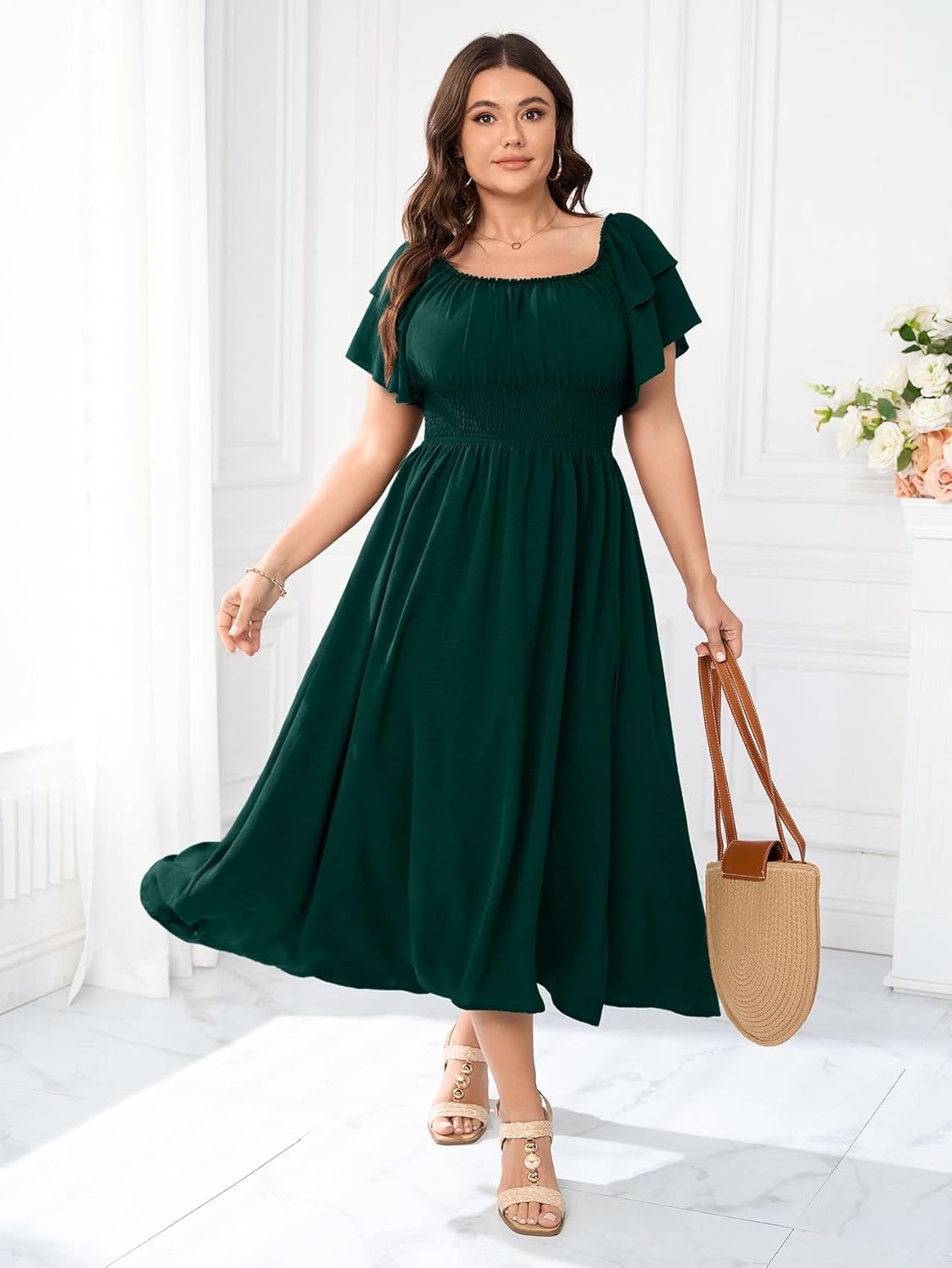 Plus Size Maxi Dress Off The Shoulder Ruffle Smocked Wedding Guest Cocktail Slit Hem Flowy Dresses for Curvy Women - Image 3