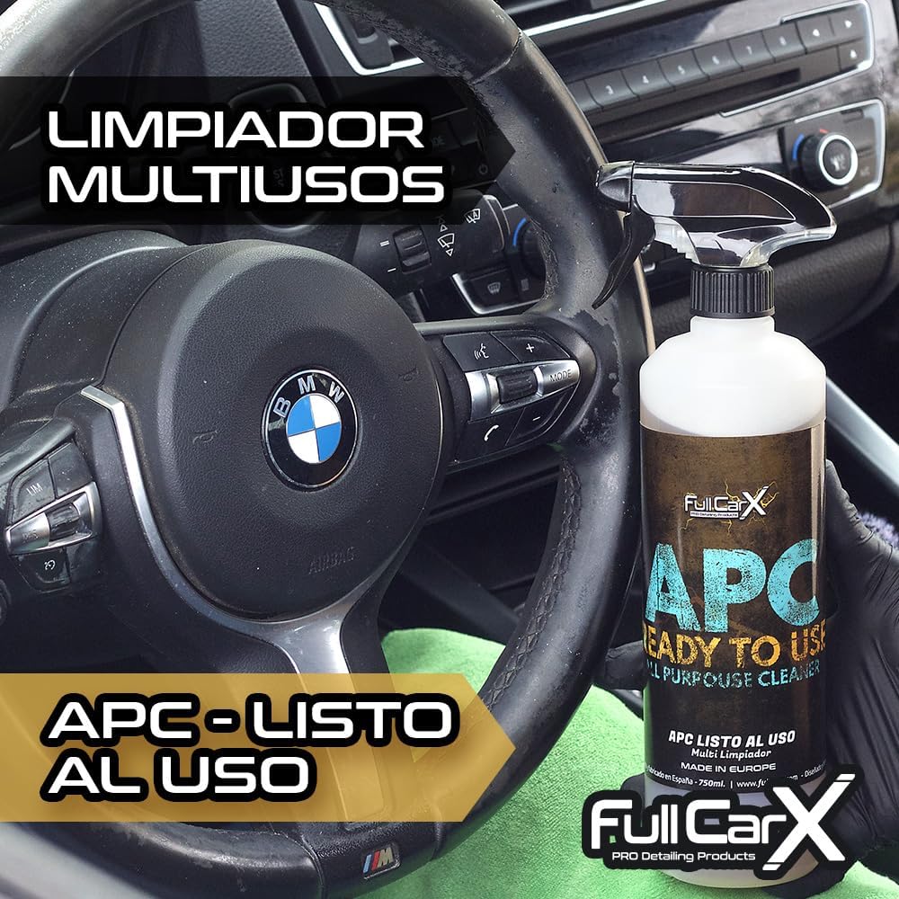 AutoFullCar – APC Limpiador Multiusos FullCarX 750ml Listo al Uso + 2 Pinceles Detailing, Espuma Activa con Cloruro de Benzalconio, Interior y Exterior, Tapicería, Motor, Llantas, Desinfectante