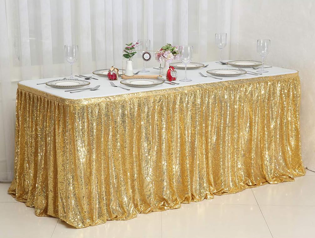 Juya Delight Cekinowa spódnica na stół prostokątny okrągły obrus na przyjęcie ślub baby shower dekoracja (jasne złoto, L 9 m (wys.) 76 cm)