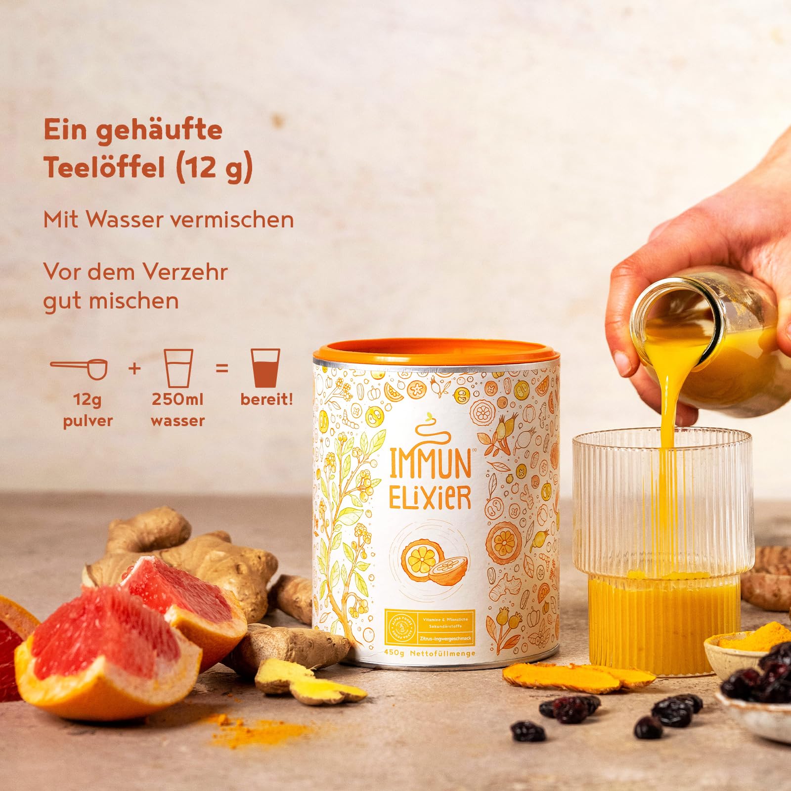 Immun-Elixier | 450g | Immunsystem Stärken | mit Vitamin C, D & K2 pulver, Quercetin, Acerola, Kurkuma, Hagebutten, Selen, Zink, Camu, Echinacea & NAC zur Unterstützung des Immunsystems | Alpha Foods