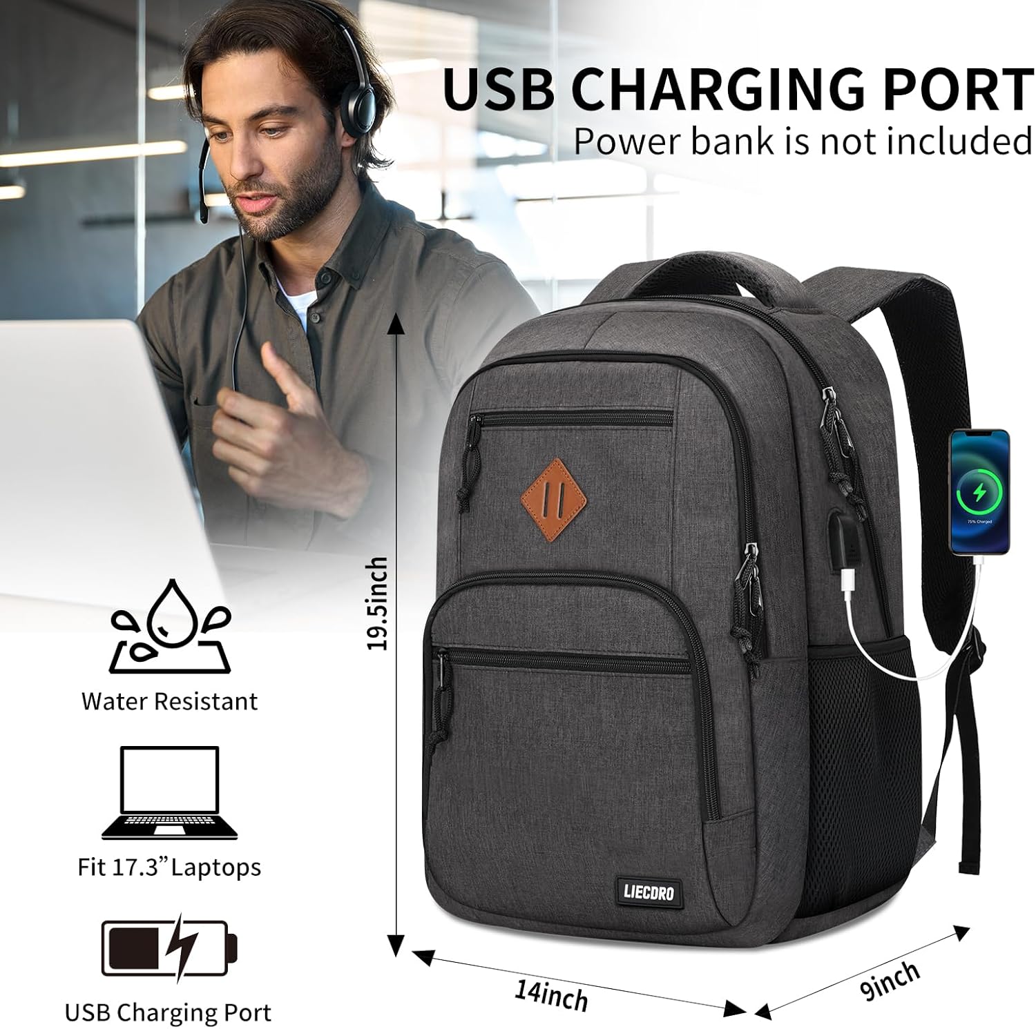 Black Backpacks for Men, Backpack for School, School Backpack for Boys Teens, 17.3 inch Laptop Back Pack with USB Charging Port, College Book Bag, Business Work Travel Bookbag, mochilas para hombres