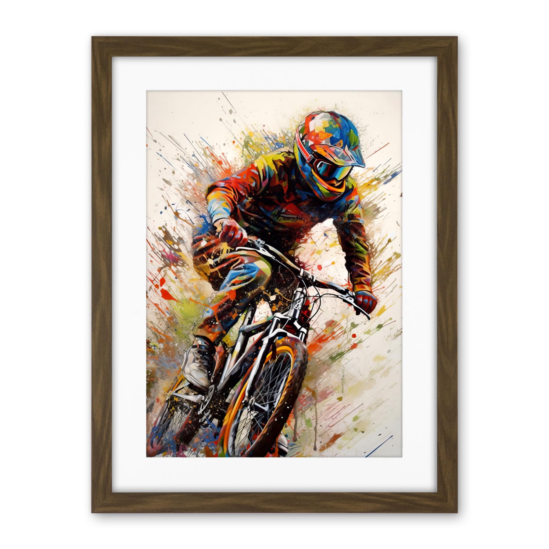 Artery8 Mountain Biker Portrait Splat Paint Action Shot Artwork Framed Wall Art Print 18X24 Inch