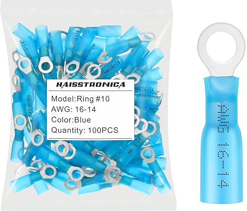 haisstronica 100 conectores de anillo termorretráctiles de grado marino #10, calibre 16-14, cobre estañado de 0.028 in, conectores de terminales de