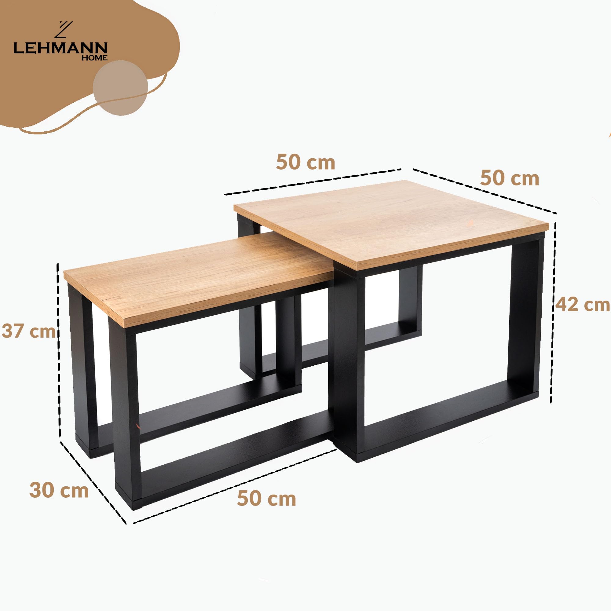 LEHMANN Wohnzimmertisch Holz, Couchtisch 2er Set in 2 Größen, Beistelltisch Holz, Wohnzimmer Tisch für Couch mit Schwarzem Gestell und Holzplatte, beistelltische fürs Wohnzimmer Set, Simple modern