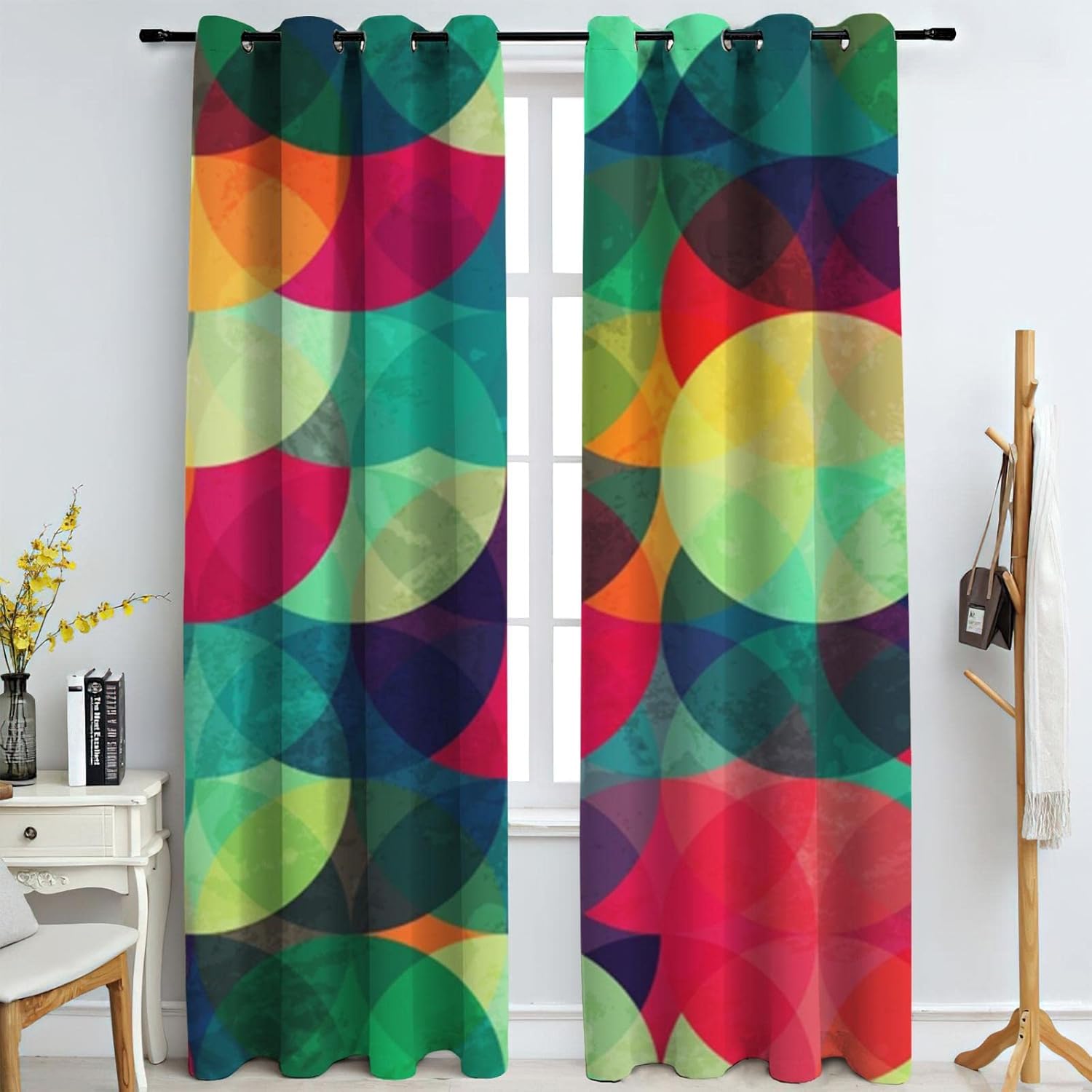 Modern Home Decor Geometry Window Drapes, Red Yellow Blue Round Blackout Curtains, Polyester Thermal Insulated Privacy Eyelet Curtains for Living Room Kitchen Bedroom (63" W x 72" L)