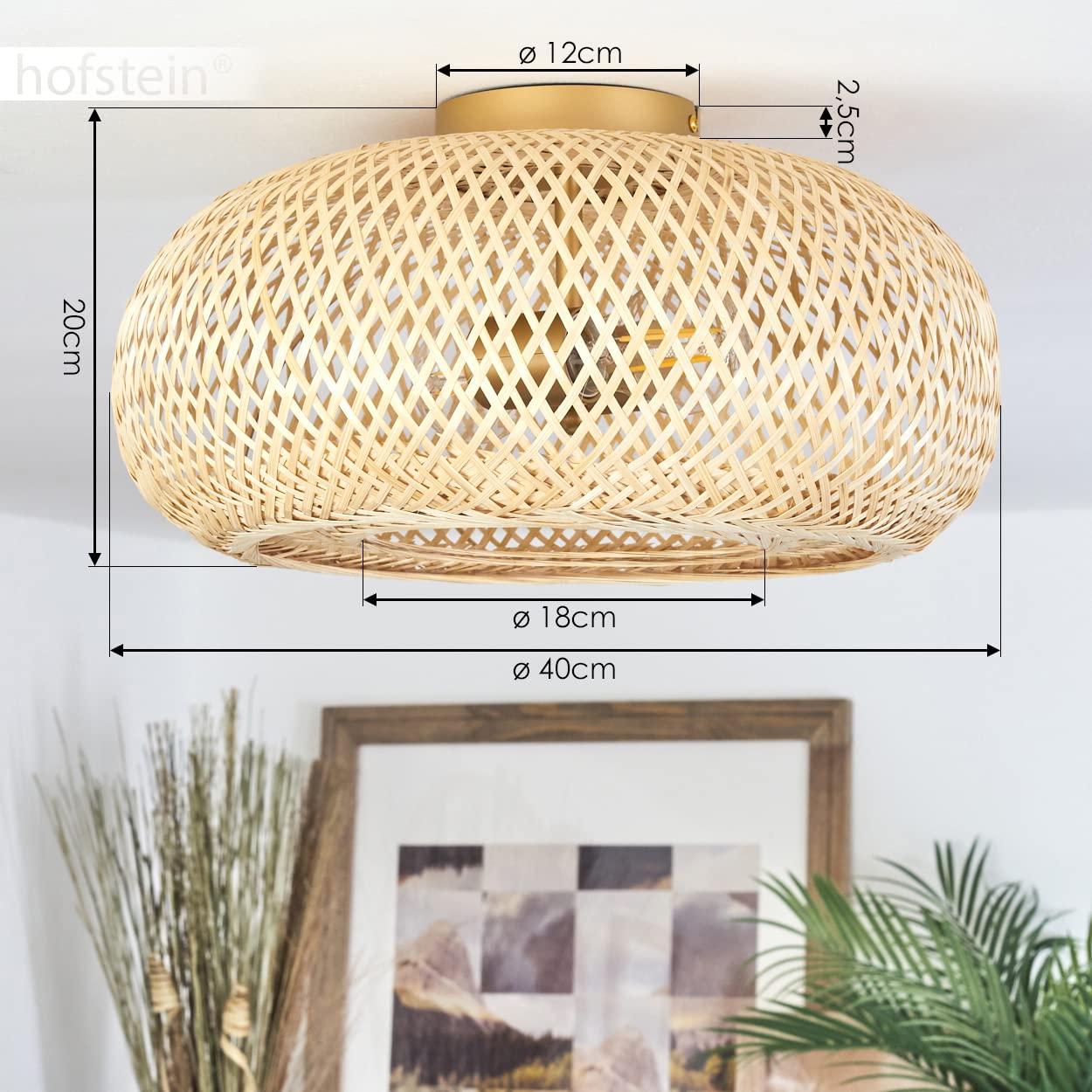 Plafoniera Bauro, lampada da soffitto moderna in metallo/bambù in colore oro/natura, lampada dal design boho con effetto luce, ø40 cm, 1 luce, 1 x E27, senza lampadina/e