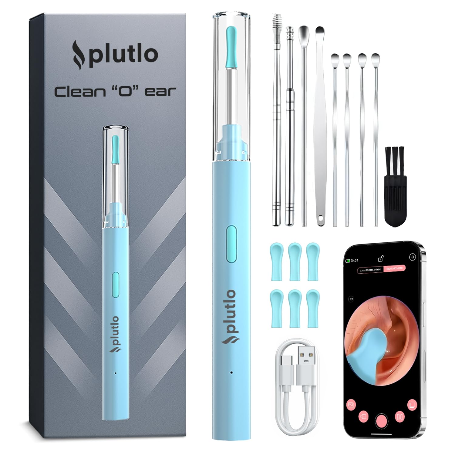 Plutlo Clean 'O' Ear Wax Cleaner with Ear Cleaning Tool Kit (Set of 8) | Baby Ear Cleaner with Ultra HD Camera | WiFi Connection & 6 LED Light Endoscope Tool for iOS & Android + 6 Silicone Tips (Blue)-image-32