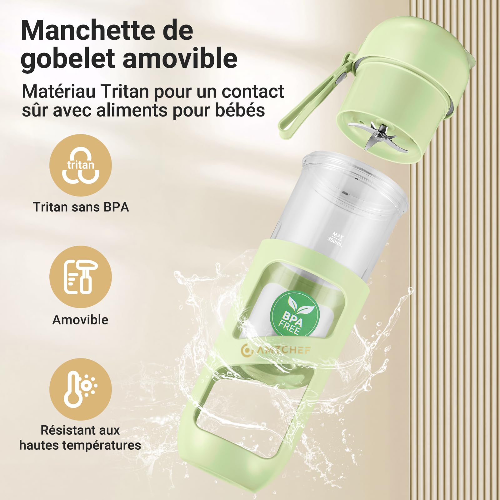 AMZCHEF Blender Portable - Mini Mixeur Sous Vide Pour Les Shake Et Les Smoothie - Forte Puissance De Coupe Avec 10 Lames, Sans BPA - Mixeur Portable Pour Le Sport, Les Voyages（Vert Herbe）