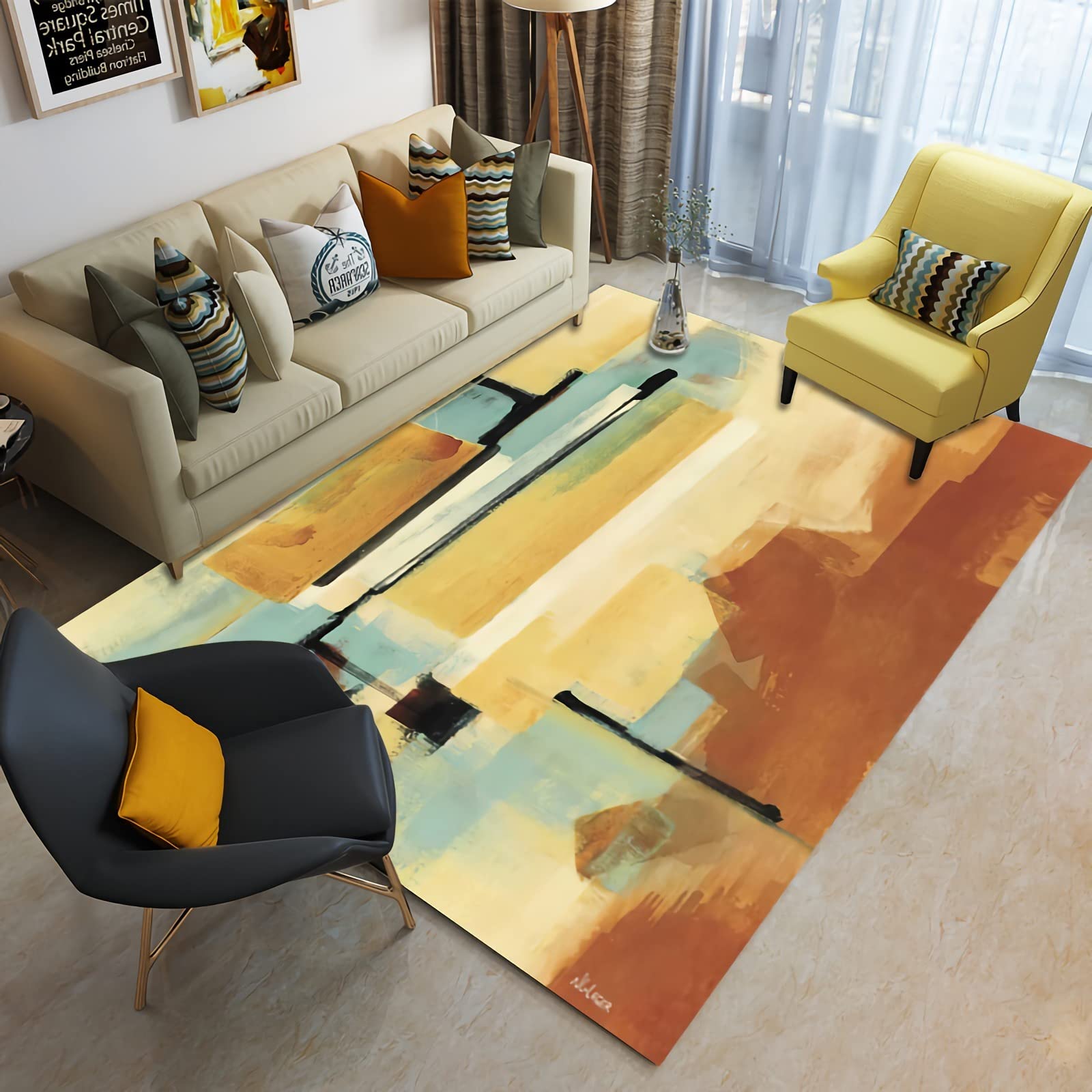Teppich hauseingang Langlebiger, Waschbarer Teppich Mit Gelbem, Rotem Und Schwarzem Tintendesign,Gaming Zimmer teppiche in Wohnzimmer 120x160cm