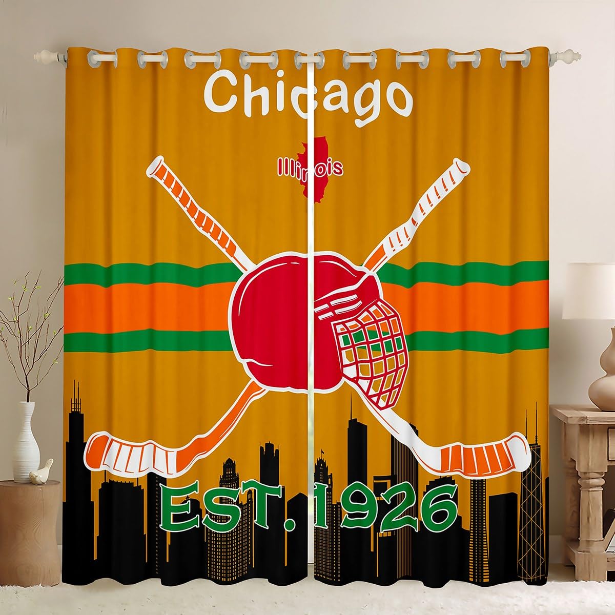 Erosebridal Ice Hockey Window Curtains for Kids,Ice Hockey Team Curtain for Boys 42x63 inch,Hockey Window Treatments,Winter Sports Shades Drapes 2 Panels for Living Room,Yellow Red Blue(Chicago)