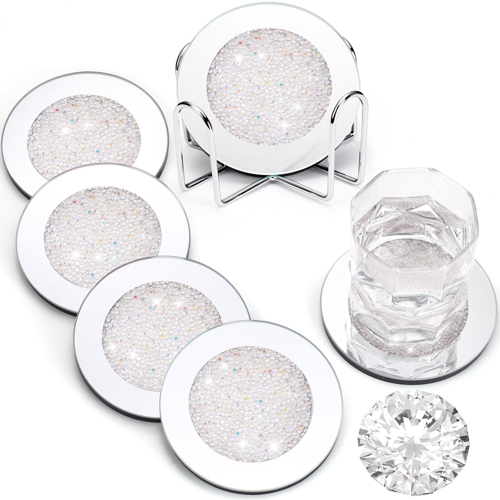 Jetec Mirrored Glass Coaster Set of 6 with 1 Holder 4" Crushed Diamond Round Cup Mat Glitter Crystal Rhinestone Glass Coaster Bling Table Decor for Bar Kitchen Gift for Christmas(White,4 Inch)