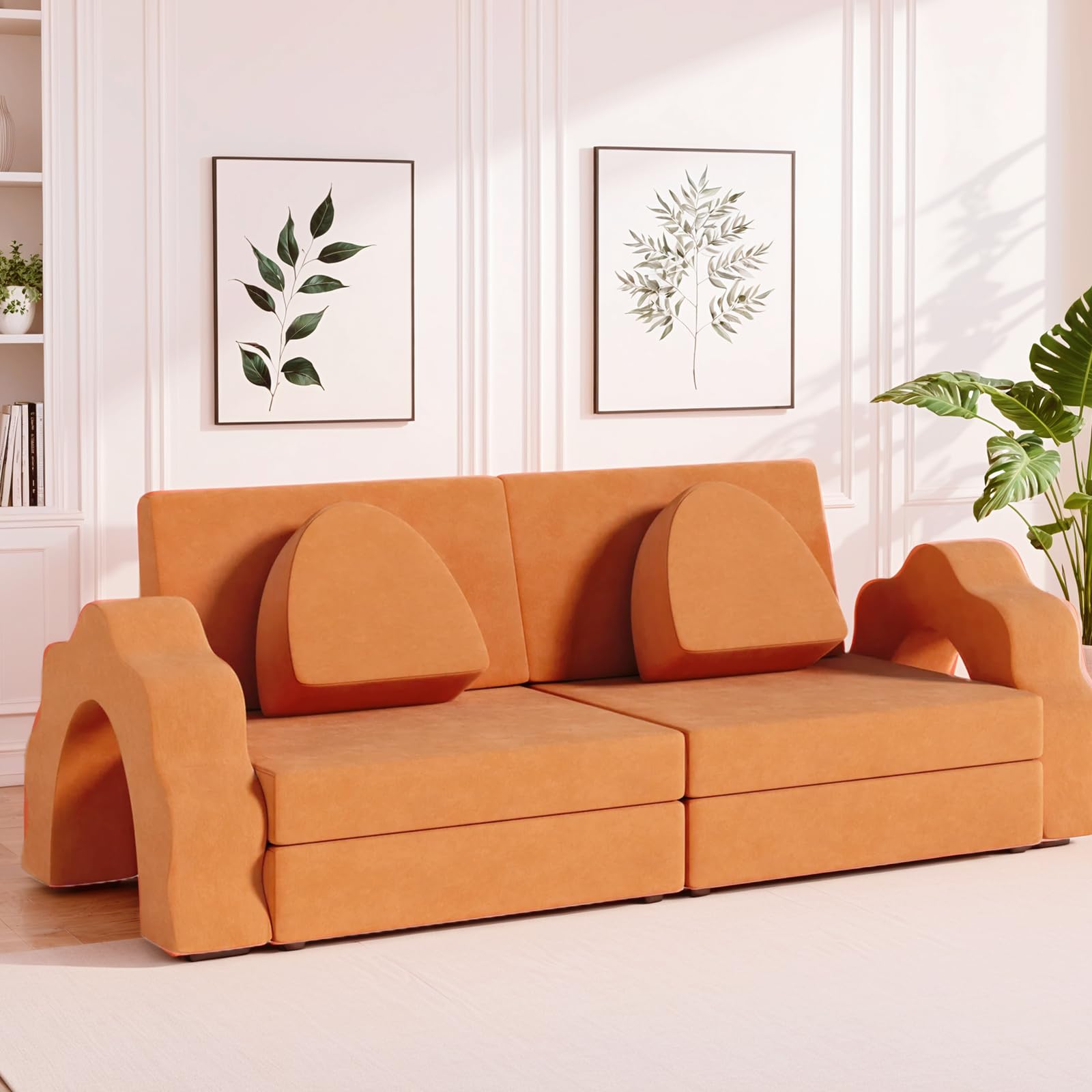 MAMIZO 10pcs Modular Kids Play Couch, Child Sectional Sofa, Large Size, Toddlers Floor Sofa W/Suede Cover, Convertible Foam Cushion for Playroom Creative Boy Girl (Orange)