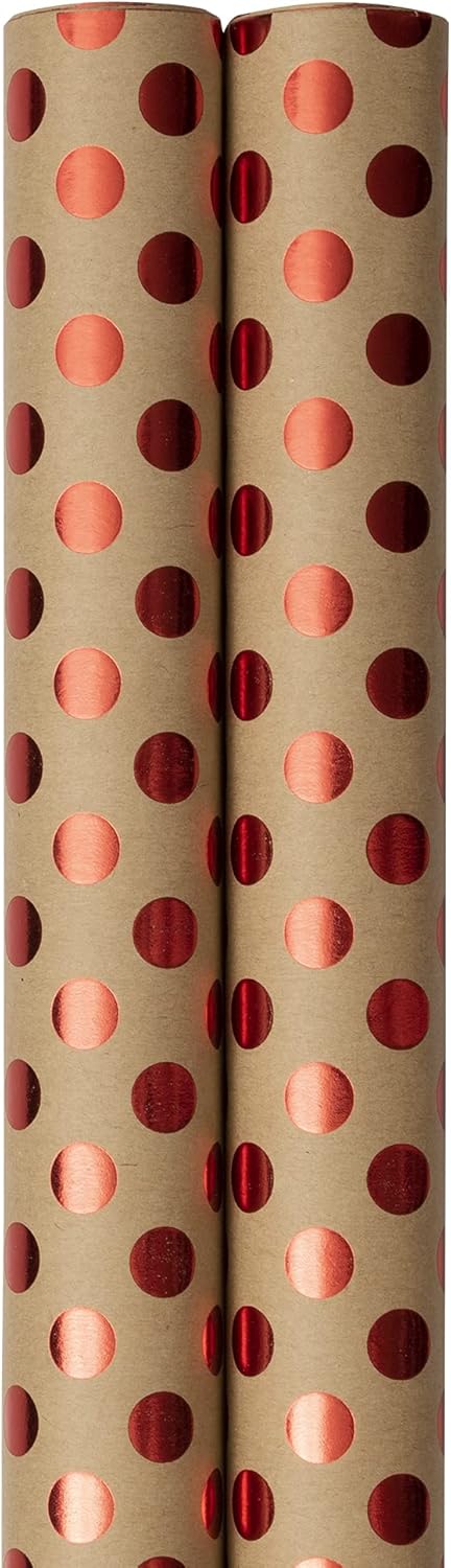 JAM Paper Gift Wrap - Kraft Wrapping Paper - 50 Sq Ft Total - Red Foil Polka Dots on Brown Kraft Paper - 2 Rolls/Pack