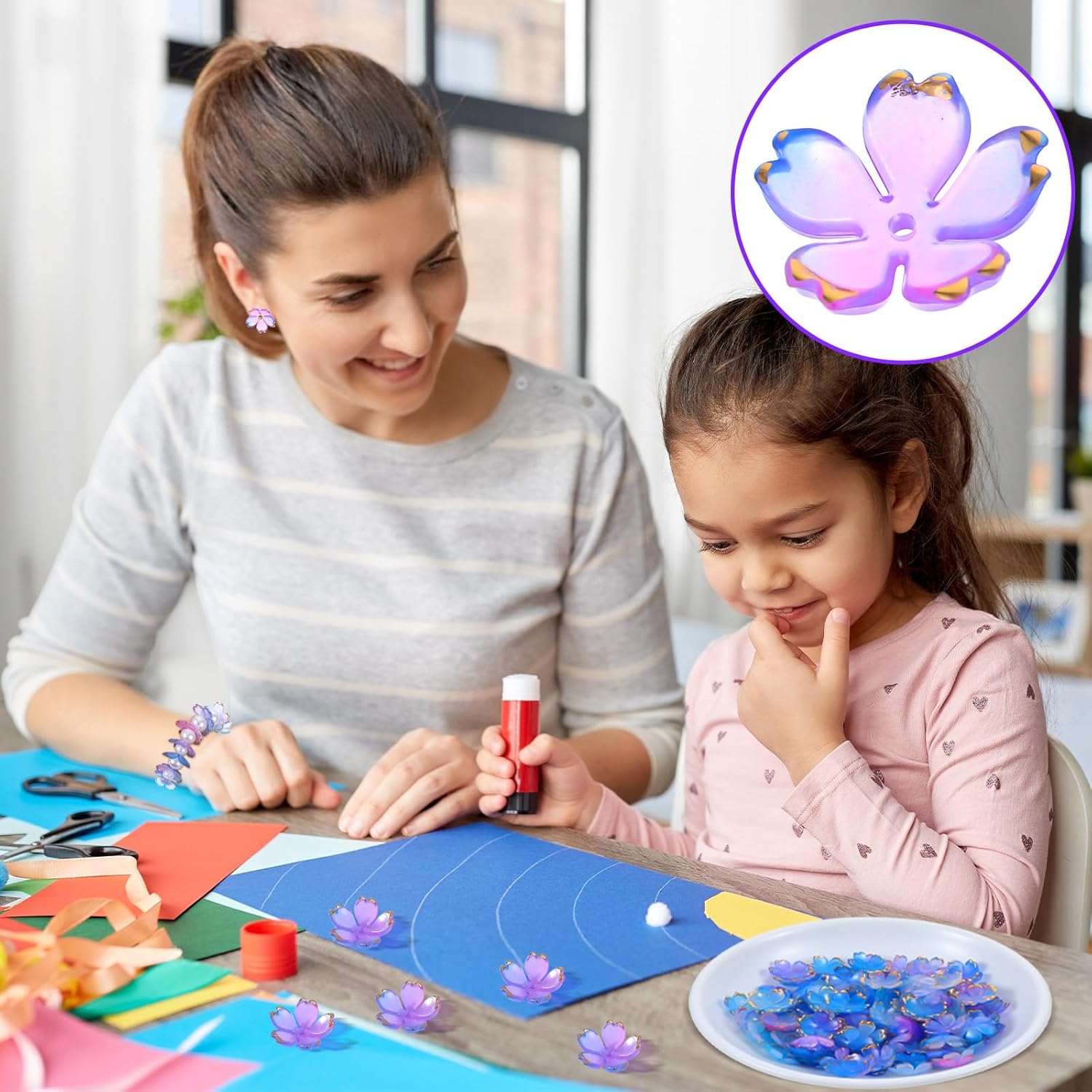 100 Pcs Flower Beads for Jewelry Making Cherry Blossom Beads Flower Petal Bead Cherry Blossom Acrylic Blue Violet Mini Floral Spacer Beads 5-Petal Gradient for Bracelets Necklaces Earrings - Image 7