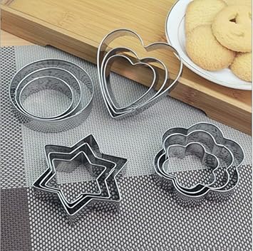 12 Pieces Cookie Cutter Set 4 Different Shapes 3 Sizes Stainless Steel Cookie Cutter Stainless Steel Heart Flower Round Star Biscuit Mould Fondant Cutting Cutters Baking Tools for Kitchen