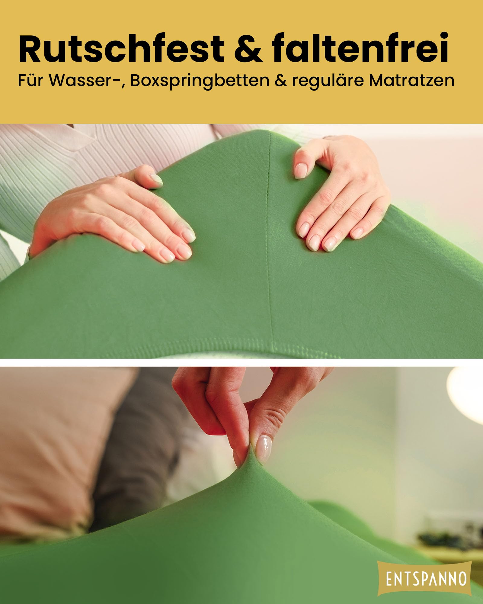 ENTSPANNO Luxus Spannbettlaken 180 x 200 bis 200 x 220 cm - Aus Premium Jersey - Ideal für Wasser- u. Boxspringbetten bis 35cm Höhe - Blattgrün