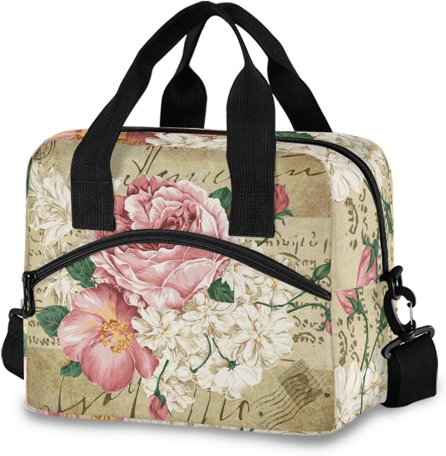 OREZI Lunch Bag for Girls Women,Vintage Shabby Chic Pink Rose Floral Lunch Box Container with Detachable Shoulder Strap,Insulated Lunch Coolers for School Office (Vintage Roses)