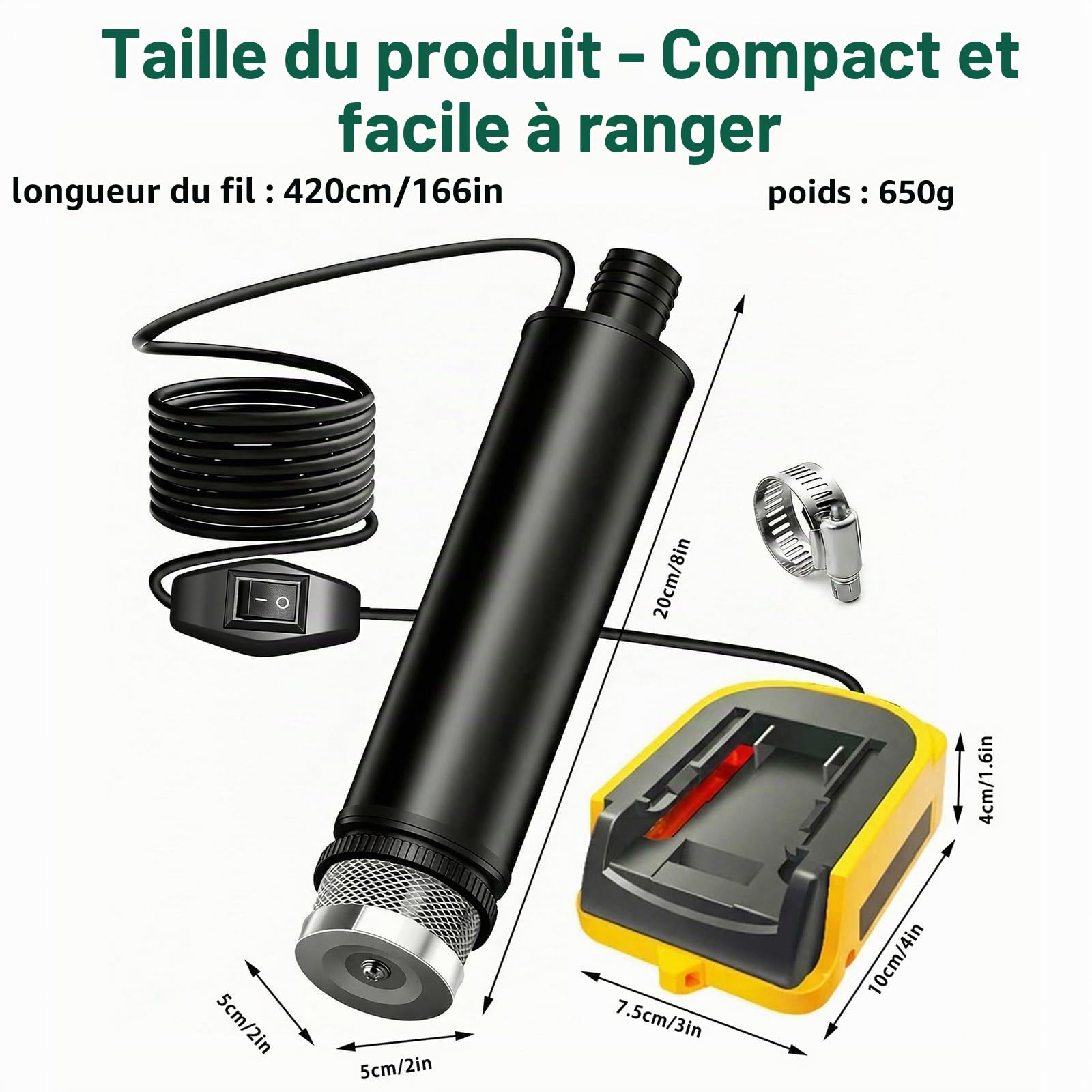 Pompe à eau sans fil compatible avec batterie Dewalt 18V/20V, 30 L/min, câble de 4,2 m, hauteur max 16FT (4,9m), pour jardin piscine spa bassin puisard camping drainage (sans batterie)